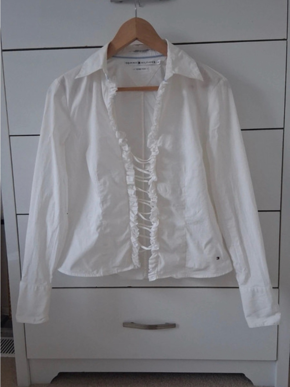 Tommy Hilfiger White Ruffled Lace-Up Button-Down Shirt